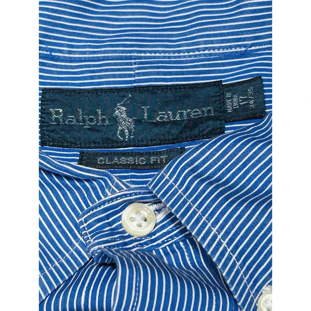 Ralph Lauren Button Down Mens 17-34/35 Blue Classic Fit Stripe Cotton Shirt